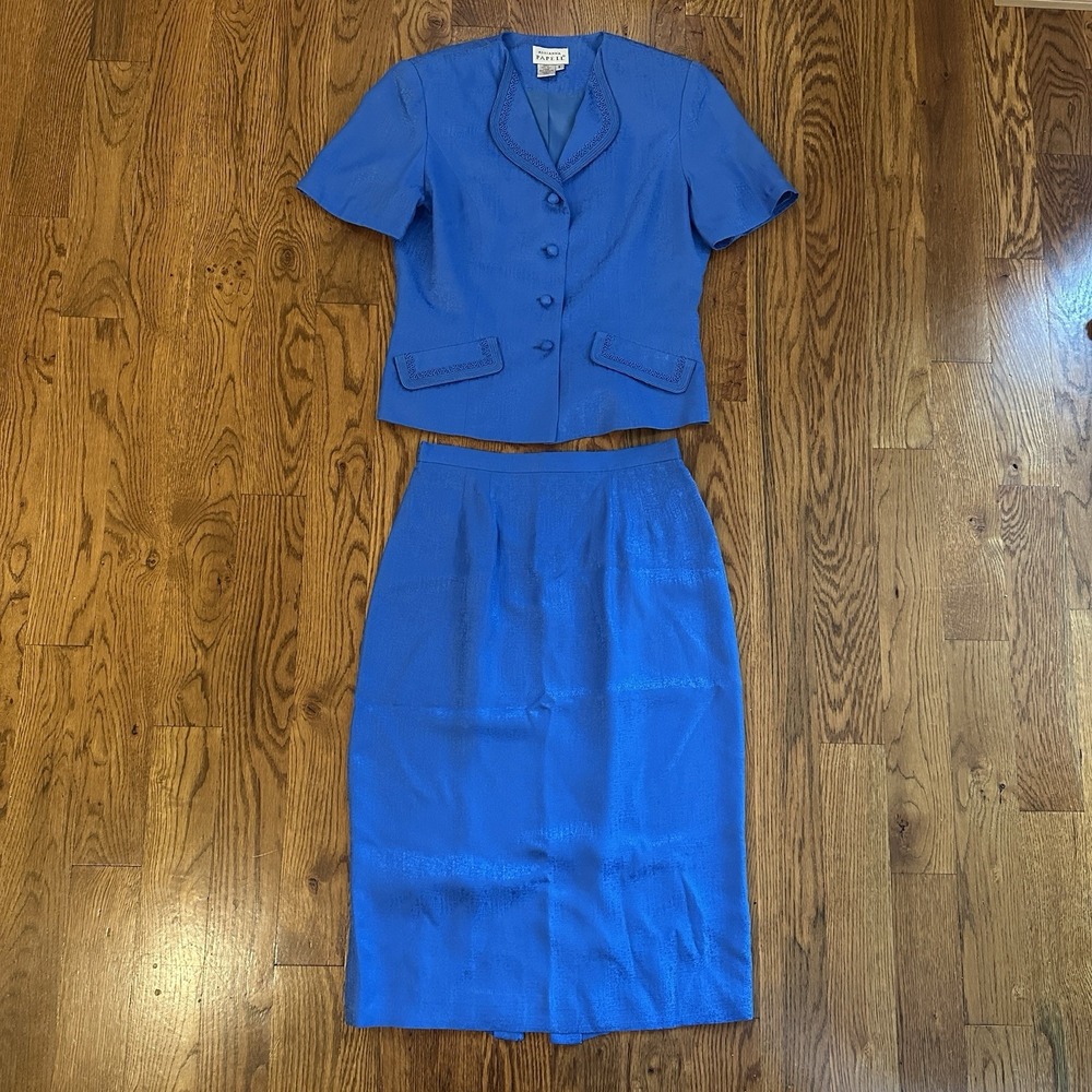 Vintage Adrianna Papell‎ 100% Silk 2 Piece Set Size 8 Women's Skirt Jacket Blue